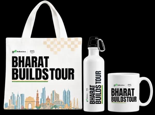 A Bharat Builds Tour tote bag, water bottle and mug, awarded to the top teams